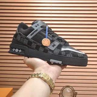 Louis Vuitton LV Trainer Preto Cinza Sola Grossa Monograma Weave Upper Lifestyle Sneakers