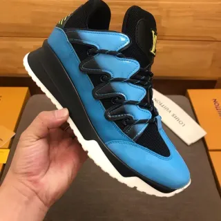 Louis Vuitton LV Trainer নীল কালো প্যাটেন্ট আপার মেশ প্যানেল চাংকি স্নিকার্স