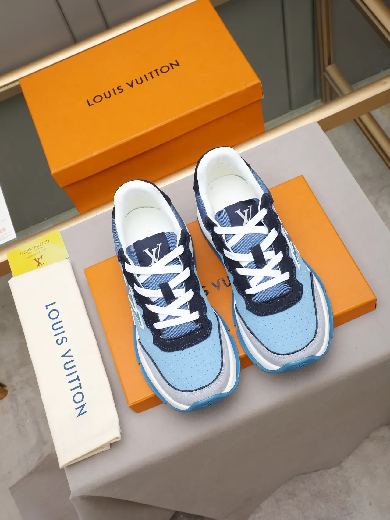 Louis Vuitton LV Trainer Blue Navy Perforated Leather Upper Layered Color-Block Construction Lifestyle Sneakers 2