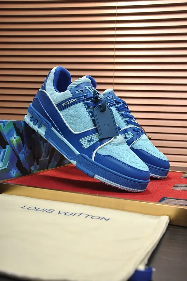 Louis Vuitton LV Trainer Blue Navy Structured Cage Overlay Monogram Leather Panel Lifestyle Sneakers 5