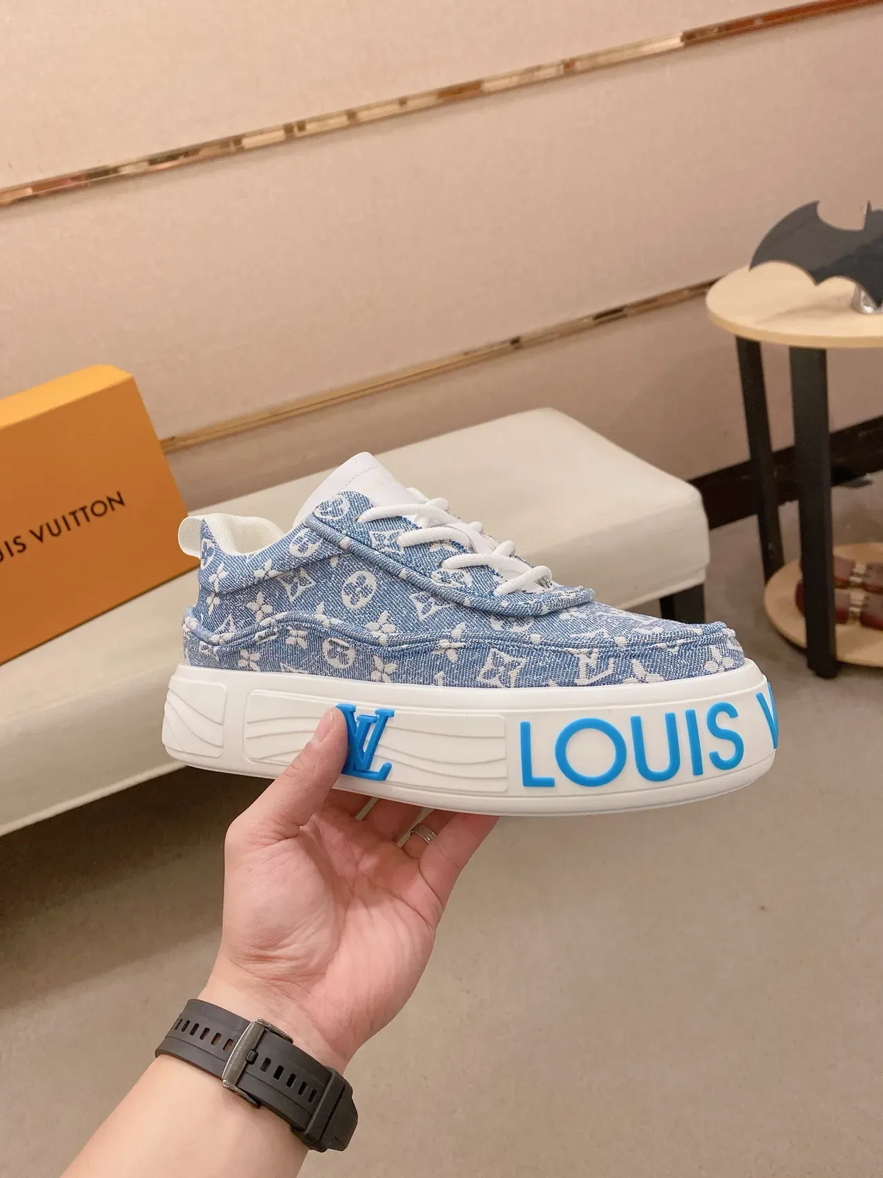Louis Vuitton LV Trainer Blue White Denim Monogram Upper Platform Sole Lifestyle Sneakers 5