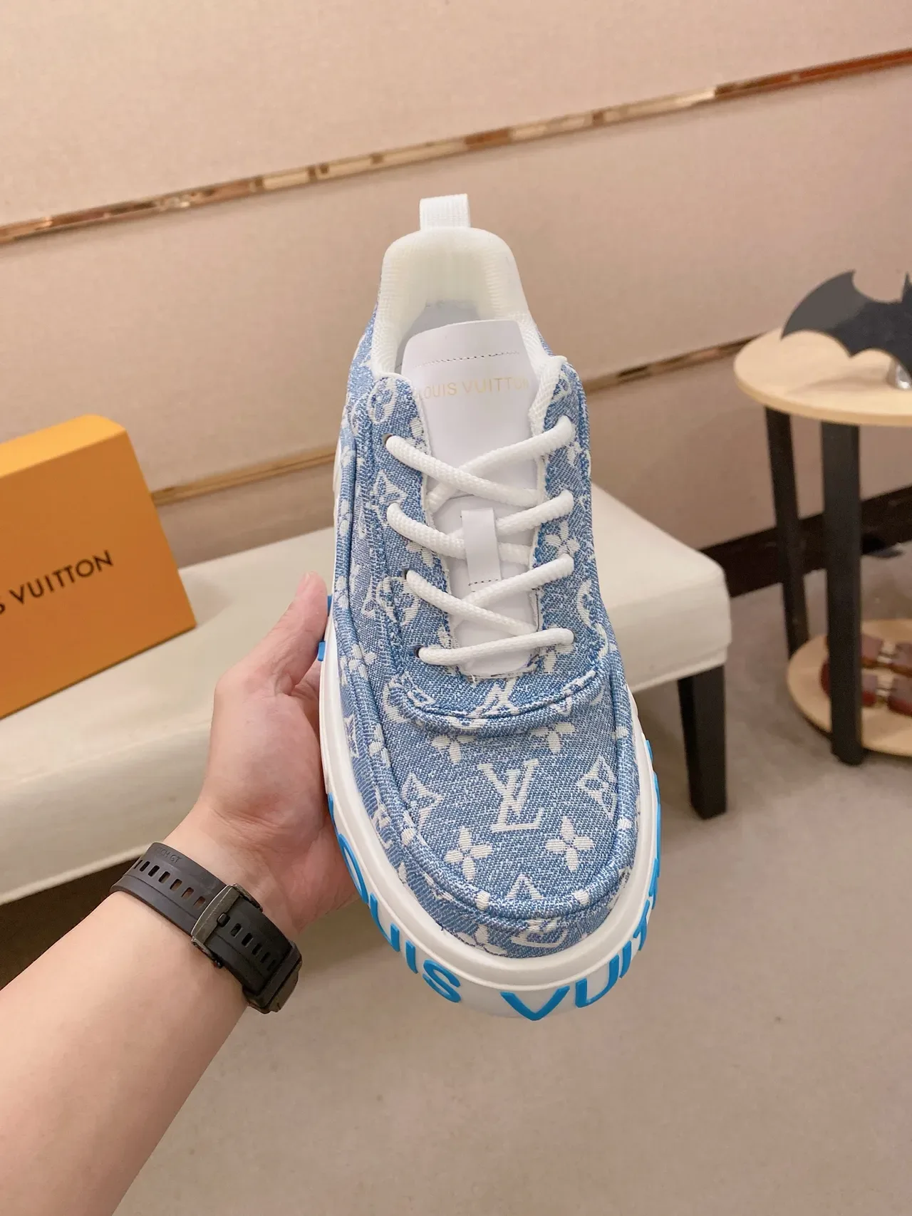 Louis Vuitton LV Trainer Blue White Denim Monogram Upper Platform Sole Lifestyle Sneakers 6