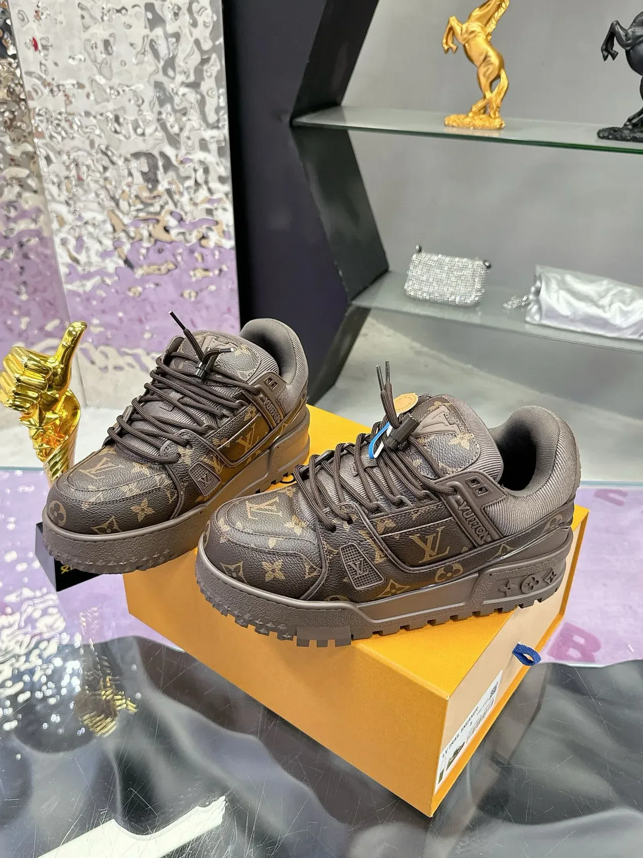 Louis Vuitton LV Trainer Brown Gold Monogram Canvas Chunky Platform Sole Lifestyle Sneakers 4