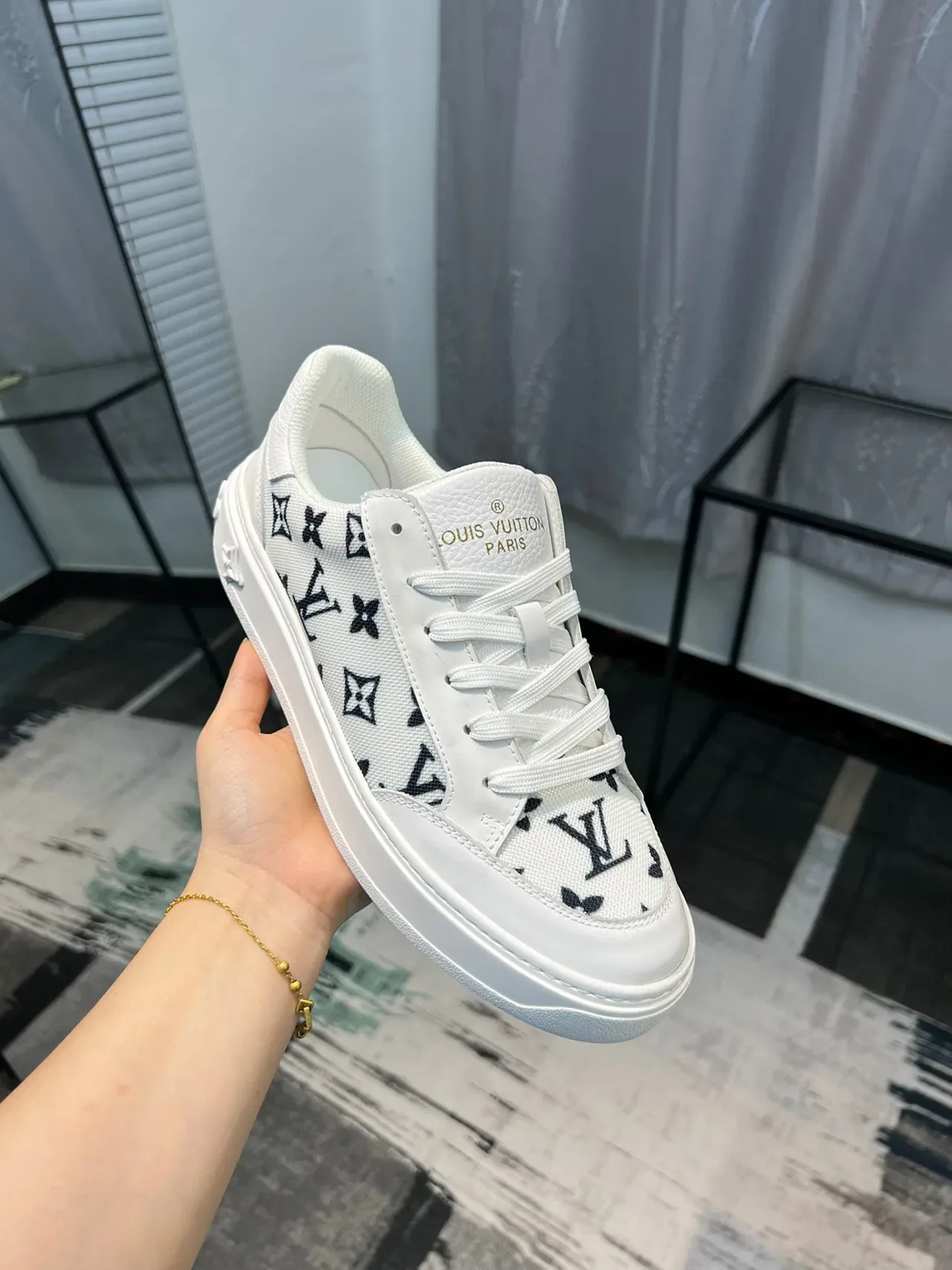 Louis Vuitton LV Trainer White Black Monogrammed Canvas Platform Sole Lifestyle Sneakers 6