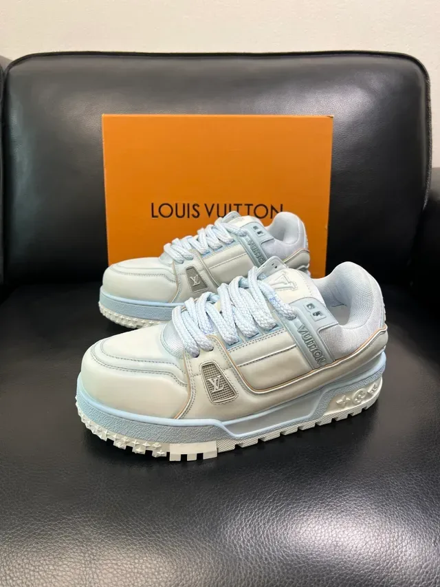 Louis Vuitton LV Trainer White Blue Chunky Layered Sole Dual Strap Overlay Lifestyle Sneakers 5