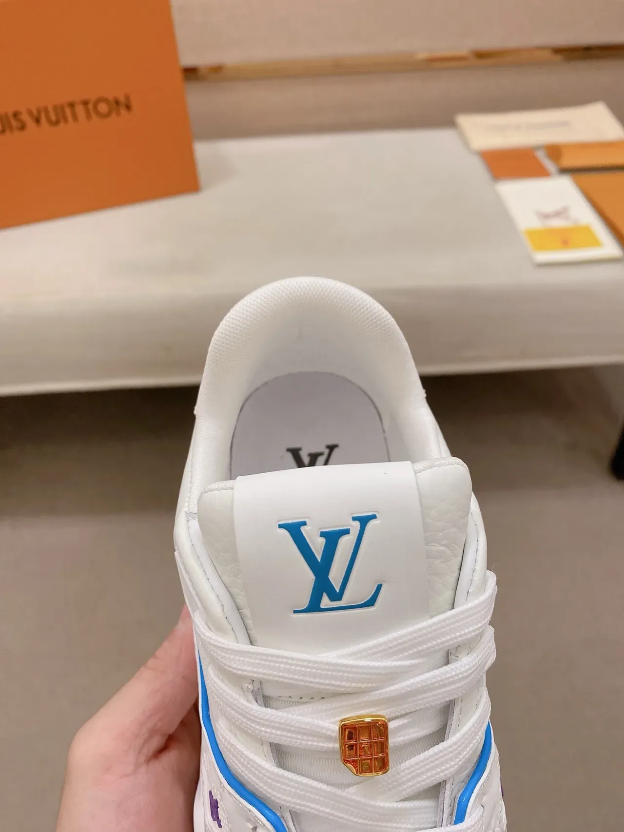 Louis Vuitton LV Trainer White Blue Monogram Leather Upper Dual-Tone Piping Lifestyle Sneakers 5