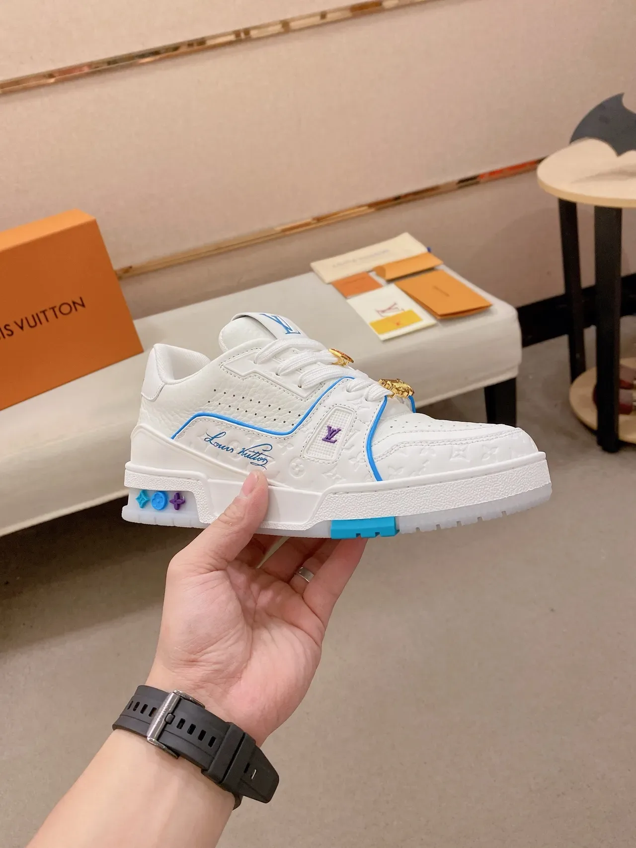 Louis Vuitton LV Trainer White Blue Monogram Leather Upper Dual-Tone Piping Lifestyle Sneakers 6
