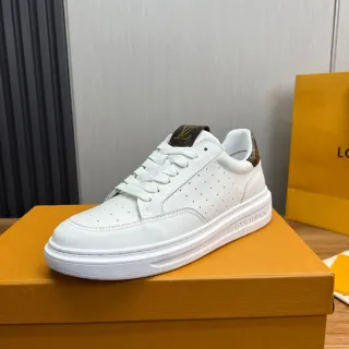 Louis Vuitton LV Trainer Blanco Marrón Cuero Perforado Superior Monograma Lona Etiqueta de Talón Zapatillas Lifestyle