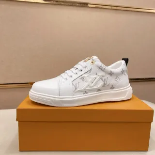 Louis Vuitton LV Trainer Blanco Gris Monograma Lona Panel Lateral Logo Embossado Lifestyle Sneakers