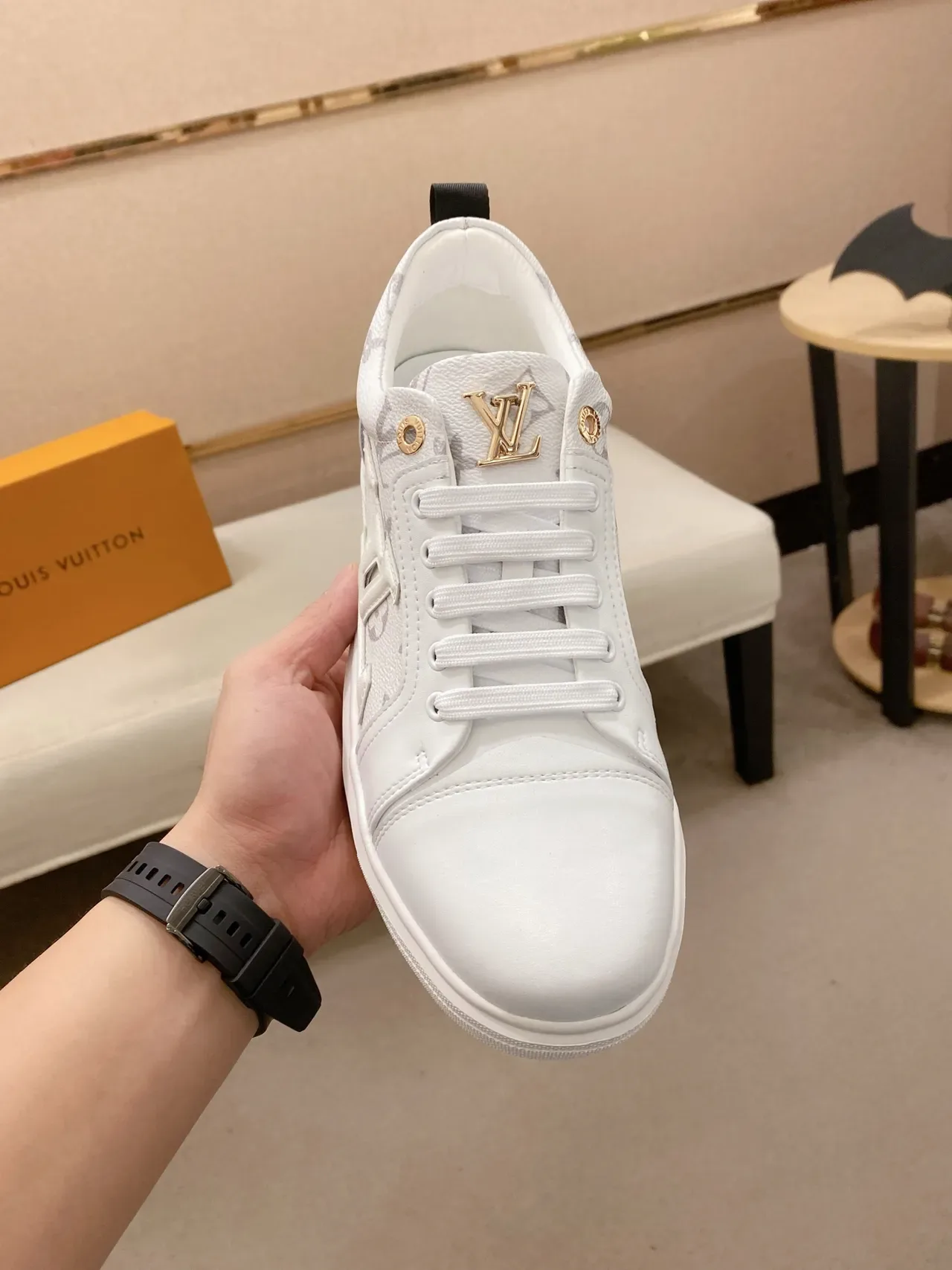 Louis Vuitton LV Trainer White Gray Monogram Canvas Side Panel Embossed Logo Lifestyle Sneakers 5
