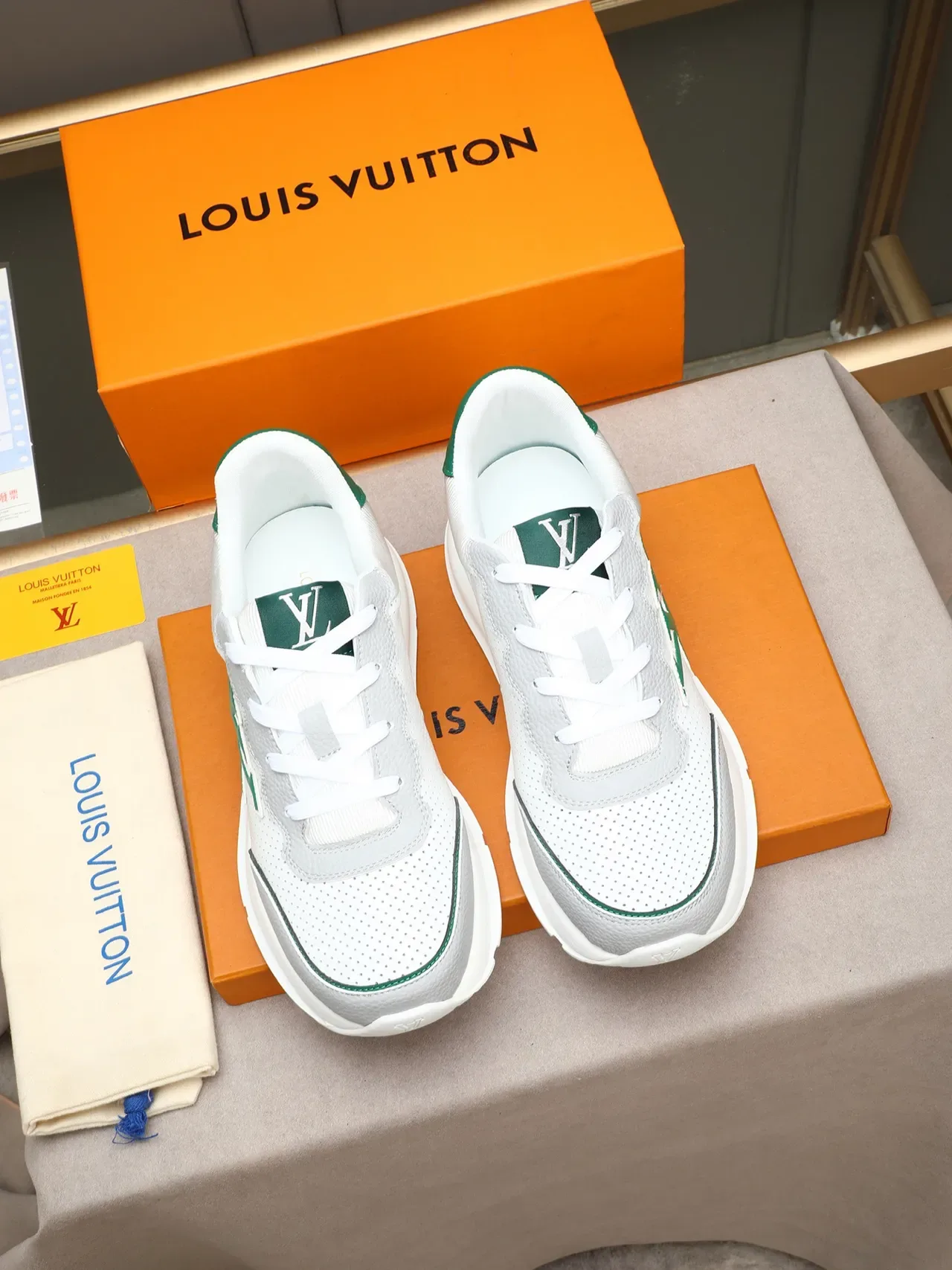 Louis Vuitton LV Trainer White Green Perforated Leather Upper Embossed Midsole Lifestyle Sneakers 3