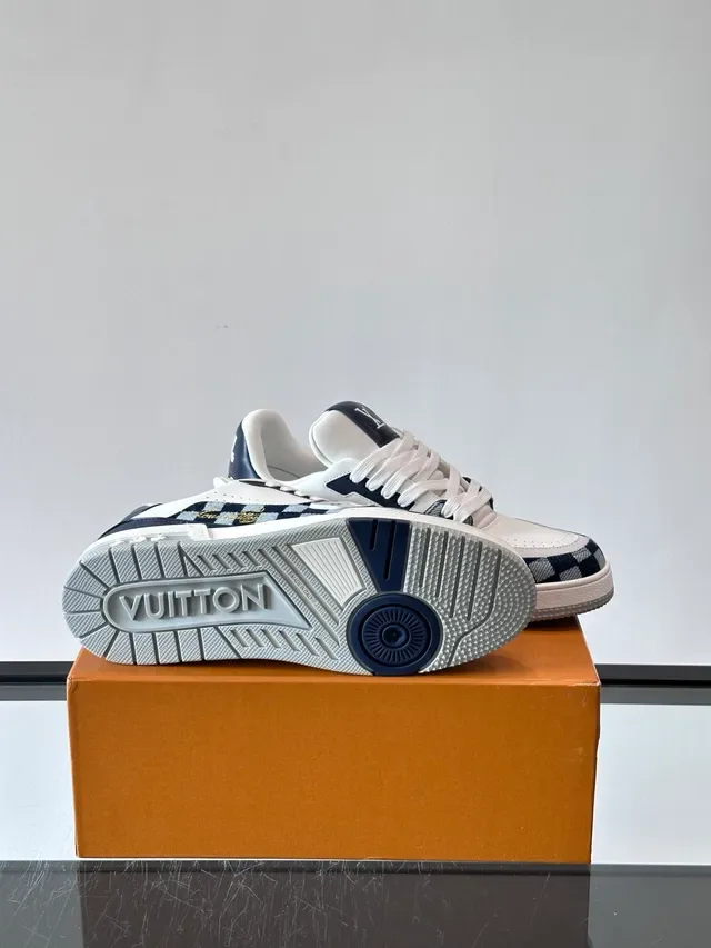 Louis Vuitton LV Trainer White Navy Checkerboard Denim Panels Monogrammed Strap Lifestyle Sneakers 2