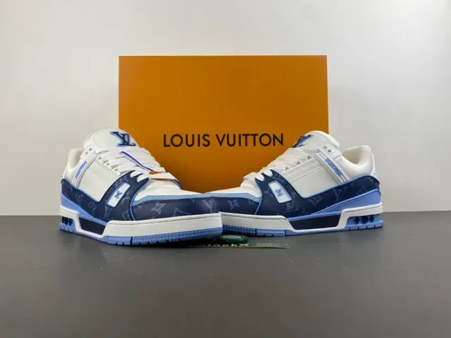Louis Vuitton LV Trainer White Navy Monogrammed Panels Leather Upper Lifestyle Sneakers 13