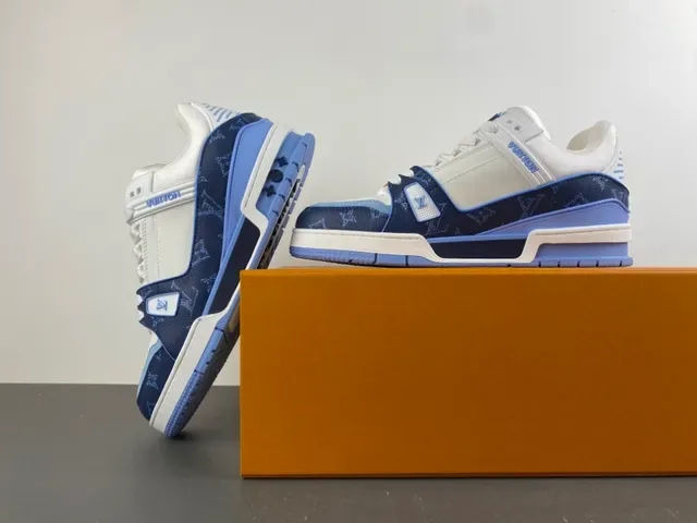 Louis Vuitton LV Trainer White Navy Monogrammed Panels Leather Upper Lifestyle Sneakers 14