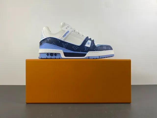 Louis Vuitton LV Trainer White Navy Monogrammed Panels Leather Upper Lifestyle Sneakers 15