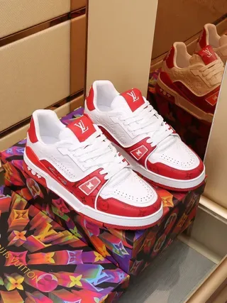 Louis Vuitton LV Trainer White Red Monogram-Print Leather Color Blocking Lifestyle Sneakers 3