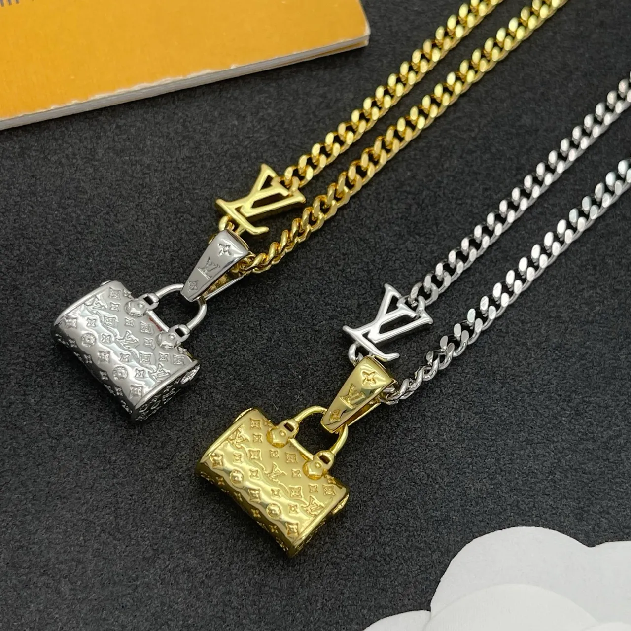 Louis Vuitton Monogram Bag Pendant Gold Curb Chain Necklace 3