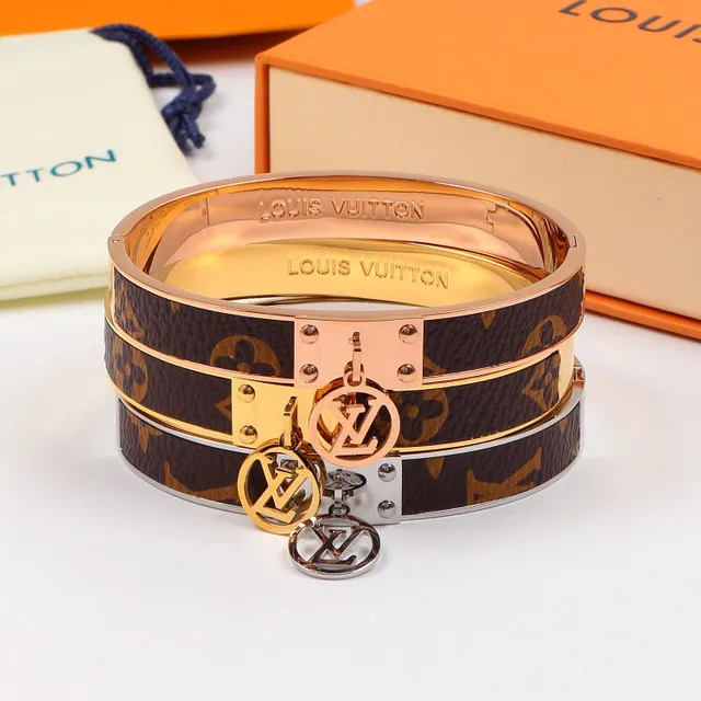 Louis Vuitton Monogram Bangle Brown Gold Hinged Leather Bracelet 5