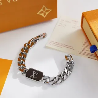 Pulsera Louis Vuitton Monogram Cadena Plata Marrón Gruesa Curb Placa