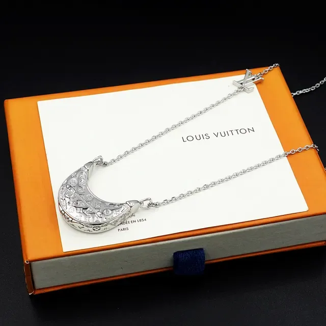 Louis Vuitton Monogram Crescent Pendant Silver Chain Necklace 7