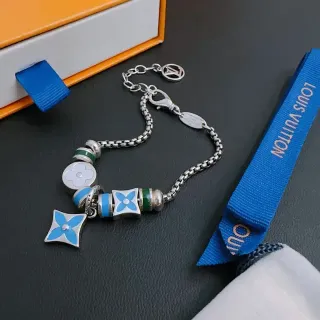Louis Vuitton Monogram Flower Charm Bracelet Silver Blue Box Chain Enamel Floral Charms Bracelet