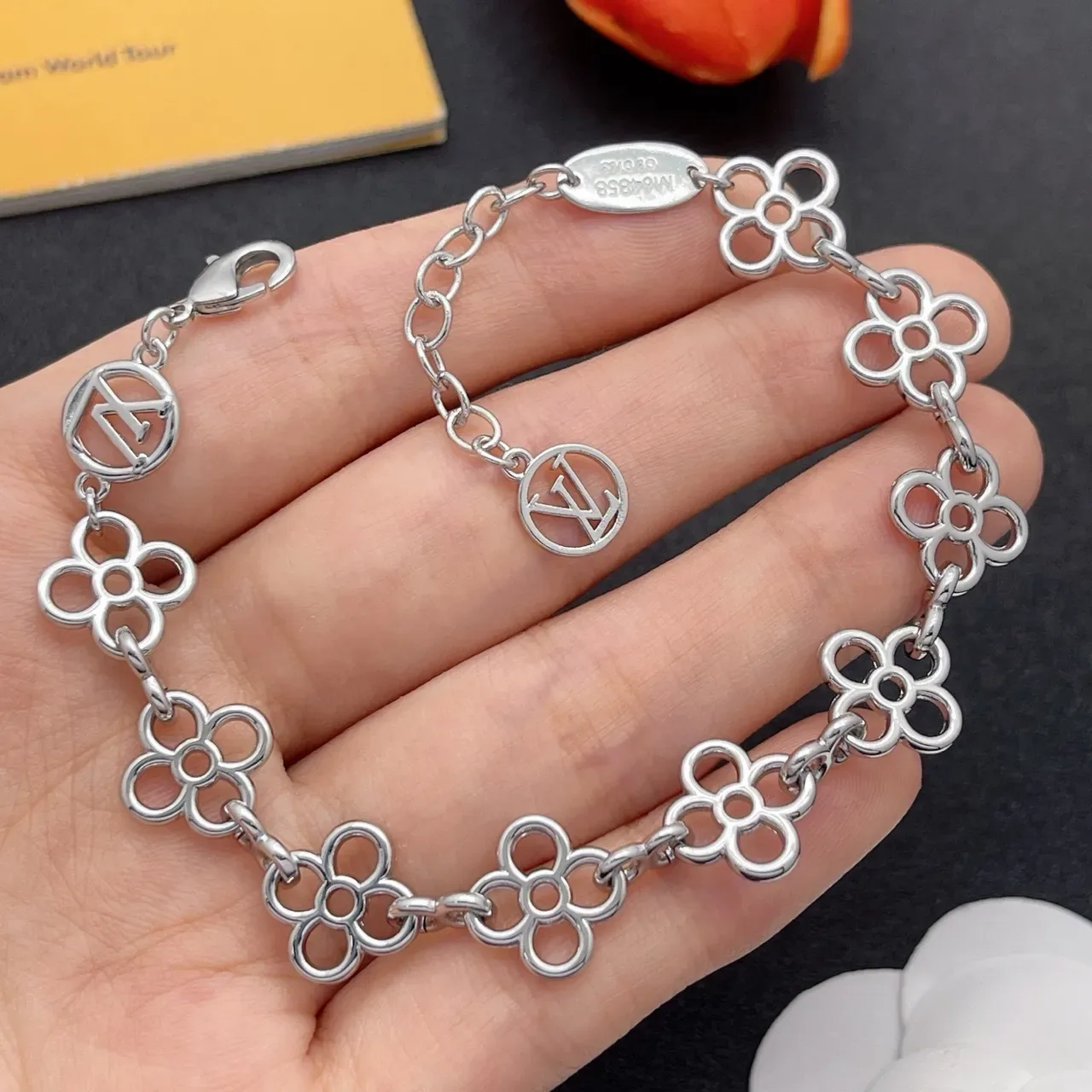 Louis Vuitton Monogram Flower Silver-Tone Floral Link Bracelet 9