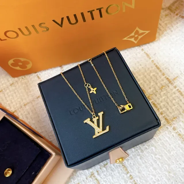 Louis Vuitton Monogram Pendant Gold Silver Pavé Crystal Necklace 3