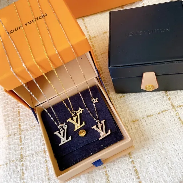 Louis Vuitton Monogram Pendant Gold Silver Pavé Crystal Necklace 5