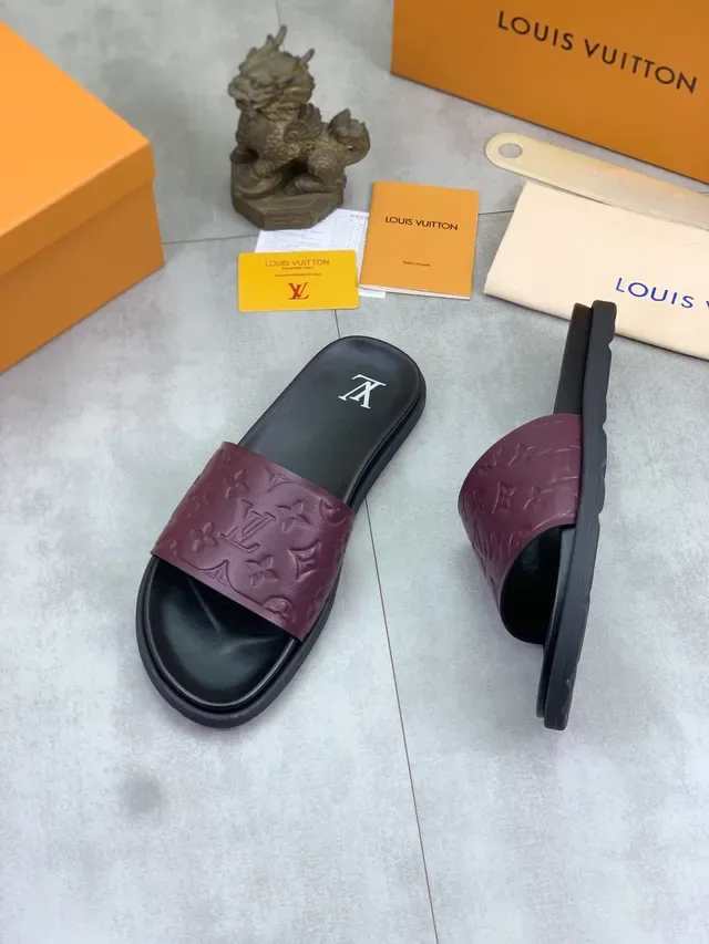Louis Vuitton Monogram Strap Burgundy and Black Slide Slippers 4