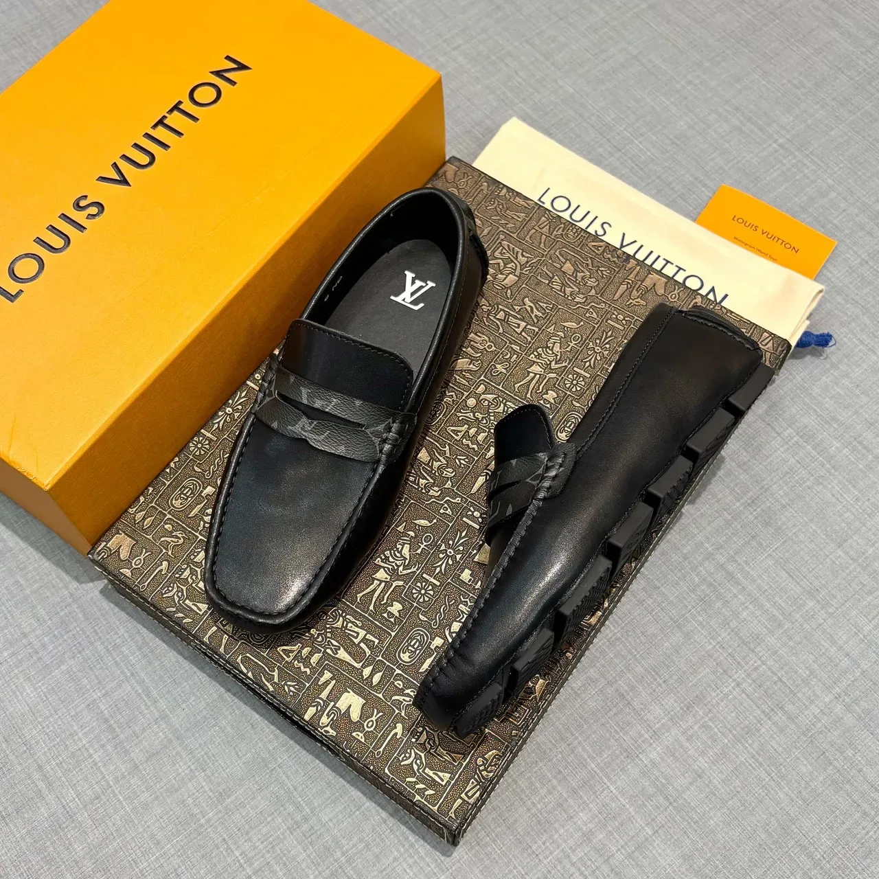 Louis Vuitton Penny Loafer Black Gray Leather Monogram Strap Loafer 2