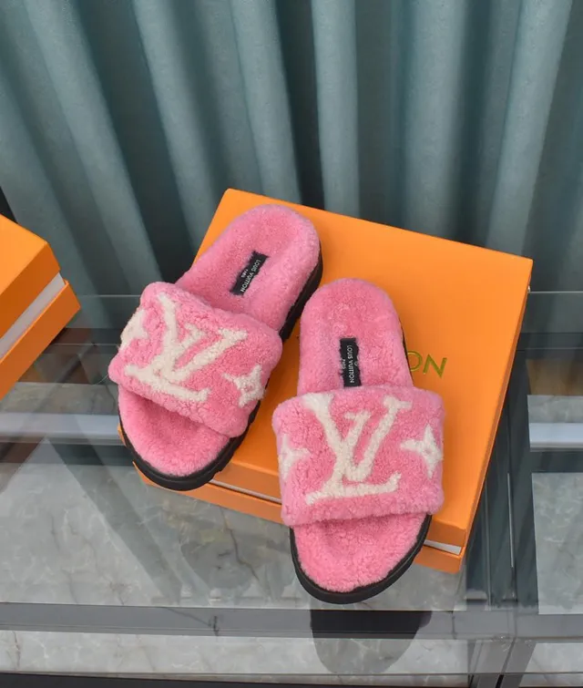 Louis Vuitton Pink White Fluffy Shearling Monogrammed Strap Slippers 7