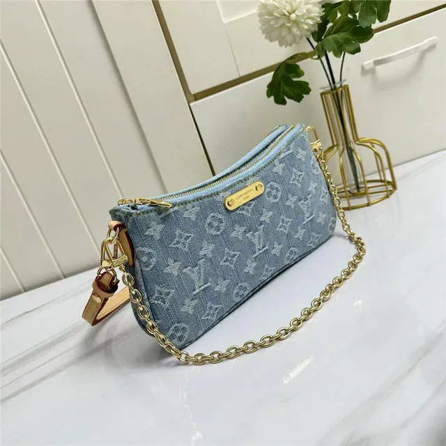 Louis Vuitton Pochette Metis Blue Gold Denim Monogram Strap Chain Bag 6