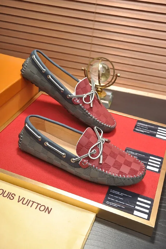 Louis Vuitton Loafer Rouge Gris Damier Check Toile Bords Cuir Navy 4