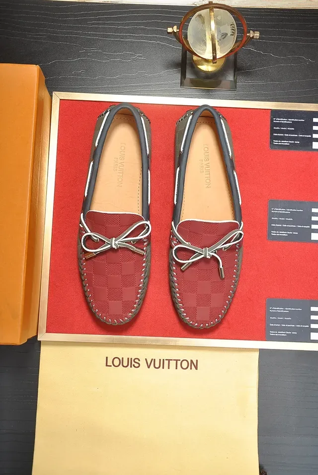 Louis Vuitton Loafer Rouge Gris Damier Check Toile Bords Cuir Navy 5