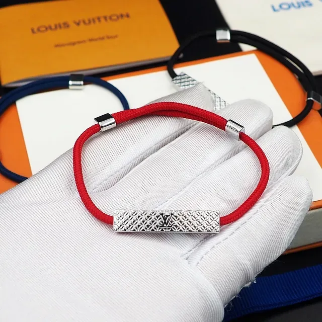Louis Vuitton Red Navy Cord-Wrapped Engraved Metal Bar Bracelet 4