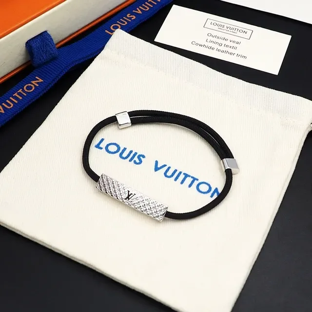 Louis Vuitton Red Navy Cord-Wrapped Engraved Metal Bar Bracelet 7