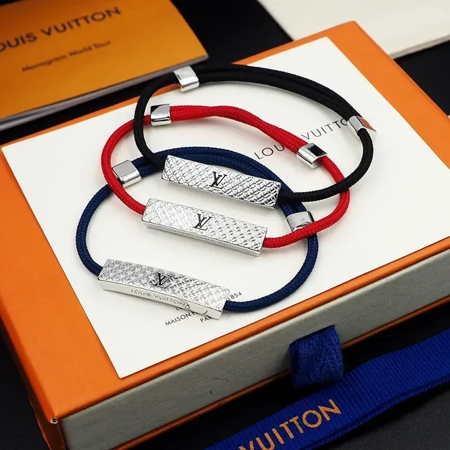 Louis Vuitton Red Navy Cord-Wrapped Engraved Metal Bar Bracelet 8