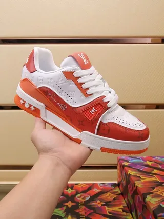 Louis Vuitton Red White Monogram-Printed Layered-Overlay Lifestyle Sneakers 4
