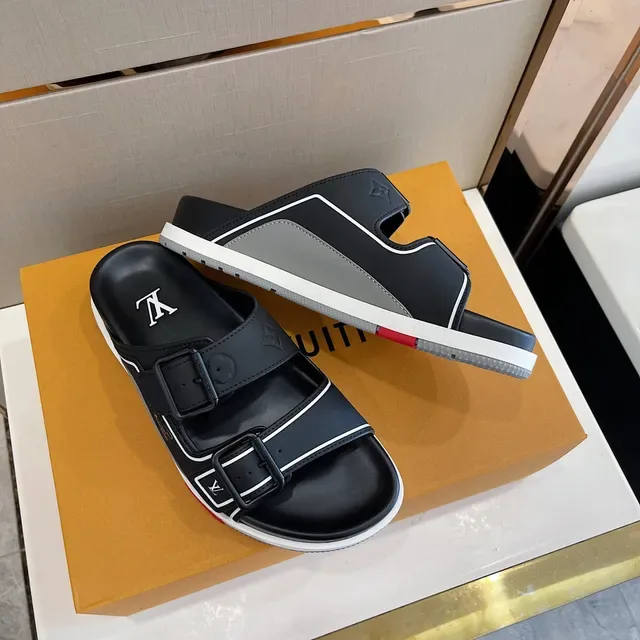 Louis Vuitton Run Away Slide Negro Blanco dos tiras hebilla cierre detalle piping sandalias 3