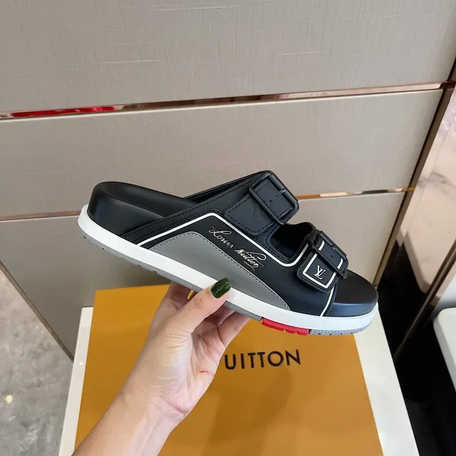 Louis Vuitton Run Away Slide Negro Blanco dos tiras hebilla cierre detalle piping sandalias 6