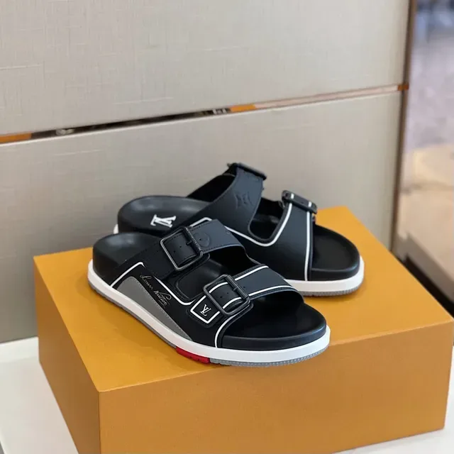 Louis Vuitton Run Away Slide Negro Blanco dos tiras hebilla cierre detalle piping sandalias 7