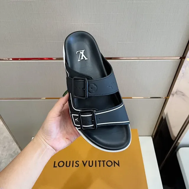 Louis Vuitton Run Away Slide Negro Blanco dos tiras hebilla cierre detalle piping sandalias 8