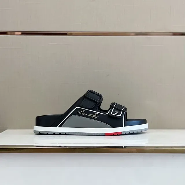 Louis Vuitton Run Away Slide Negro Blanco dos tiras hebilla cierre detalle piping sandalias 9