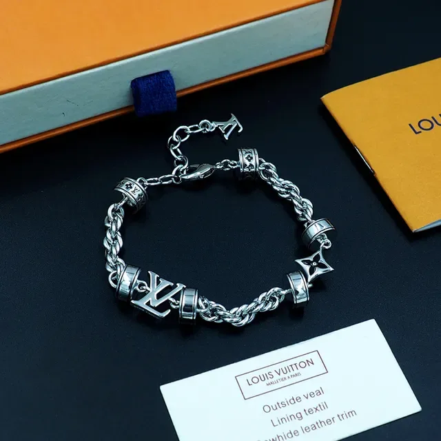 Louis Vuitton Silver Black Rope-Link Chain Rotating Barrel Charms Bracelet 9