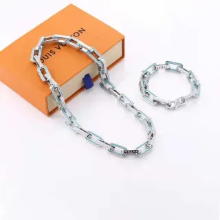 Colar de Corrente Chunky Link Louis Vuitton Prata Azul com Esmalte