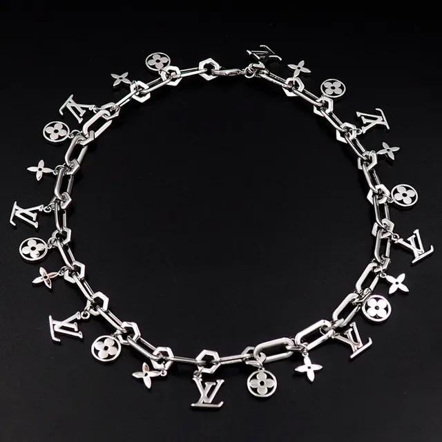 Louis Vuitton Silver Chunky Link Chain Dangling Monogram Charms Necklace 6