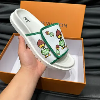 Louis Vuitton Slides Blancos Verdes Cuero Correa con Ribete