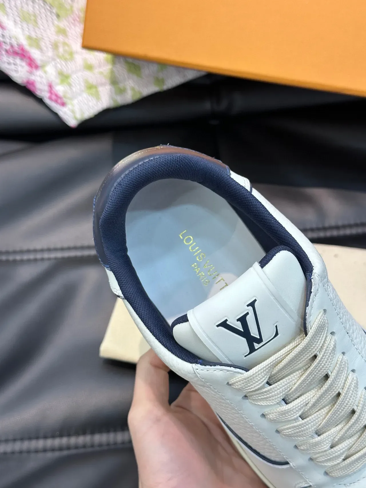 Louis Vuitton White Navy Pebbled Leather Contrast Piping Lifestyle Sneakers 3