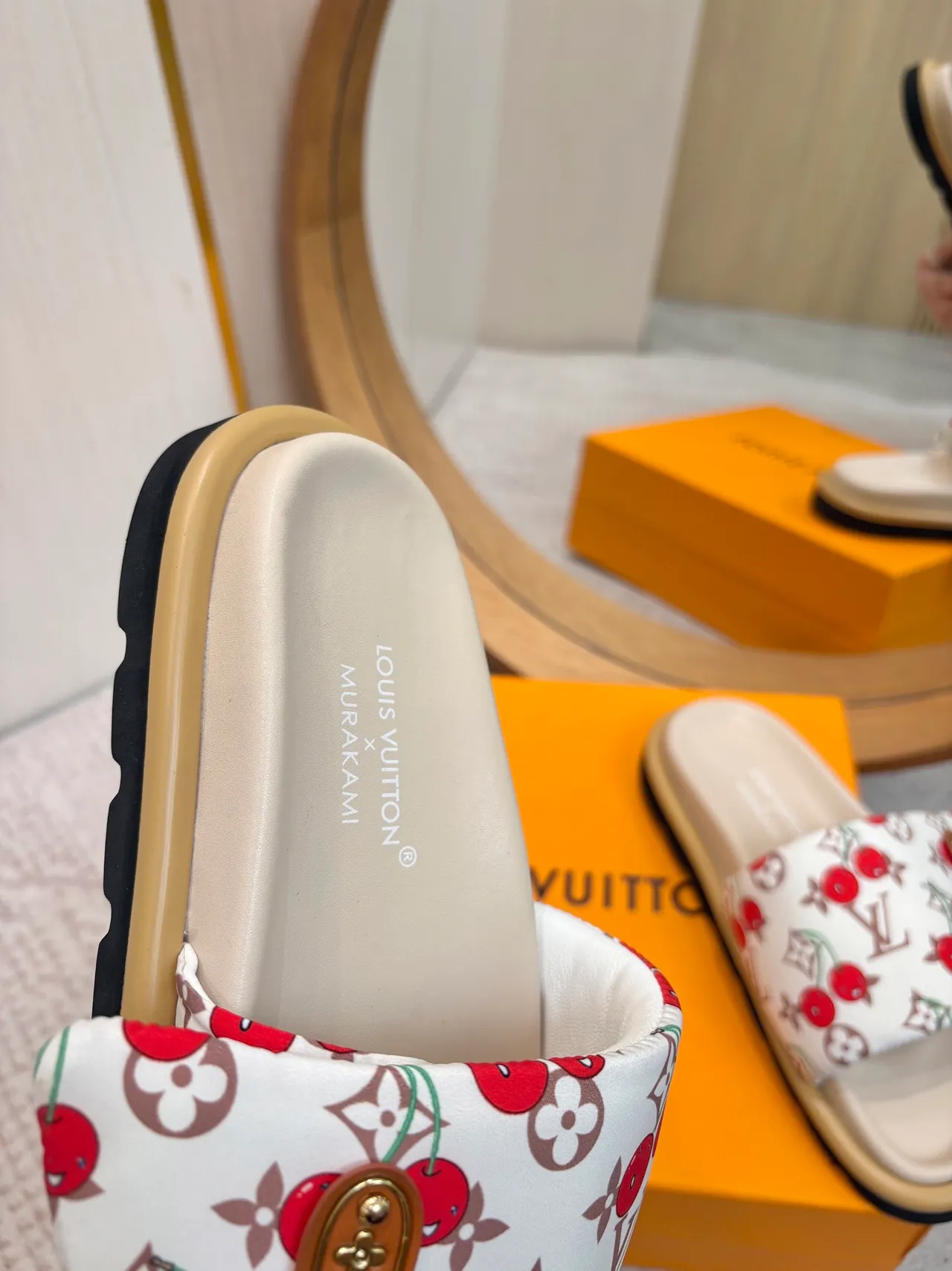 Louis Vuitton White Red Cherry-Print Monogram Canvas Leather LV Plaque Slippers 7