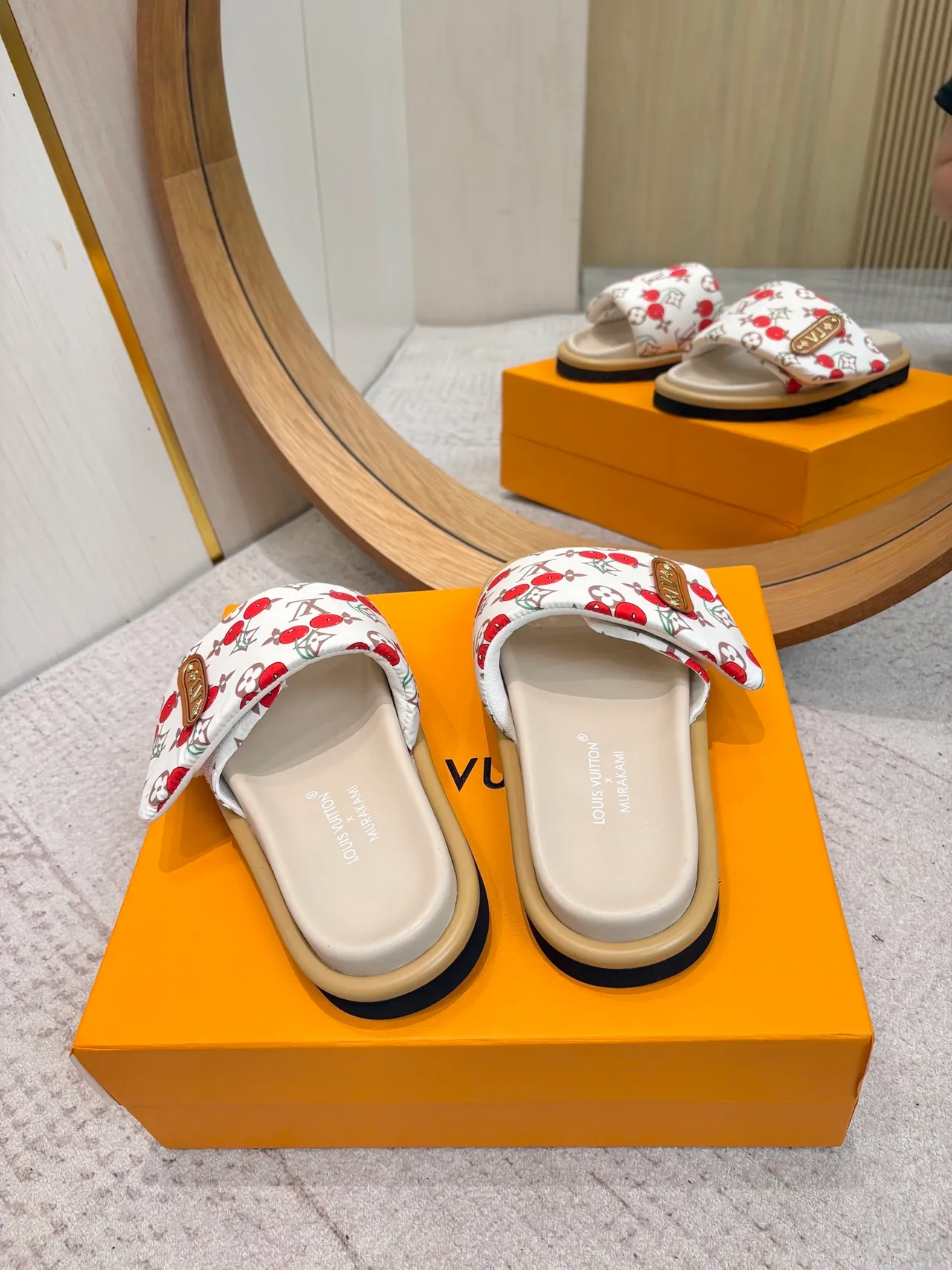 Louis Vuitton White Red Cherry-Print Monogram Canvas Leather LV Plaque Slippers 8